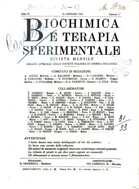 Biochimica e terapia sperimentale organo ufficiale della Societa italiana di Chimica biologica