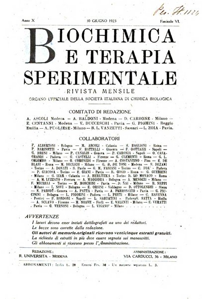 Biochimica e terapia sperimentale organo ufficiale della Societa italiana di Chimica biologica