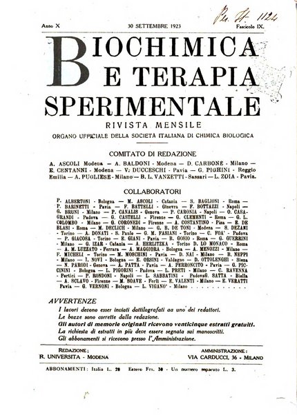 Biochimica e terapia sperimentale organo ufficiale della Societa italiana di Chimica biologica