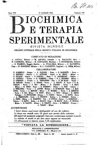 Biochimica e terapia sperimentale organo ufficiale della Societa italiana di Chimica biologica