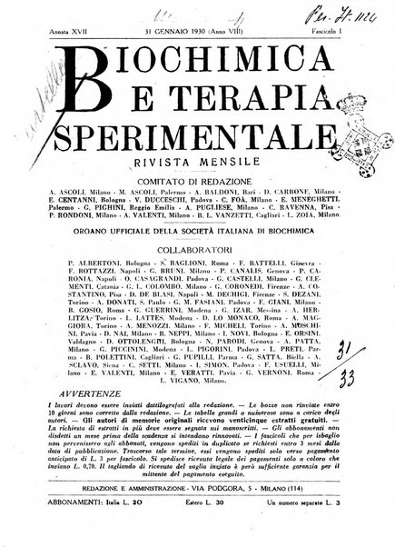 Biochimica e terapia sperimentale organo ufficiale della Societa italiana di Chimica biologica