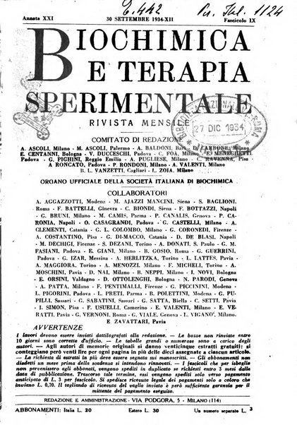 Biochimica e terapia sperimentale organo ufficiale della Societa italiana di Chimica biologica