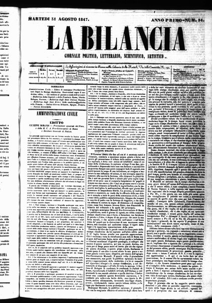 La bilancia : giornale politico, letterario, scientifico, artistico