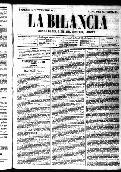 La bilancia : giornale politico, letterario, scientifico, artistico