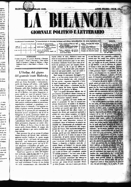 La bilancia : giornale politico, letterario, scientifico, artistico