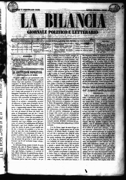 La bilancia : giornale politico, letterario, scientifico, artistico