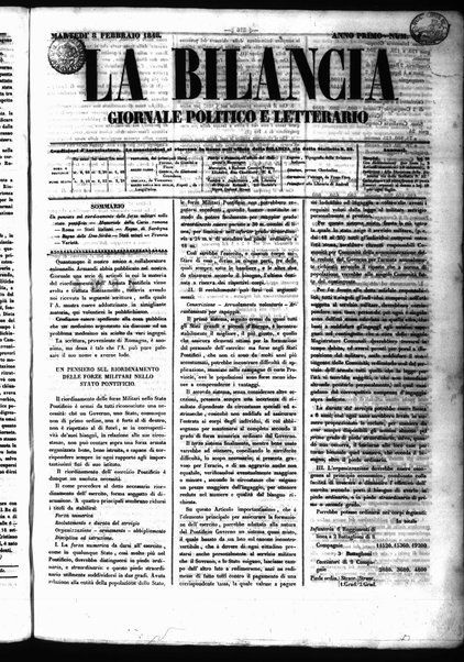 La bilancia : giornale politico, letterario, scientifico, artistico