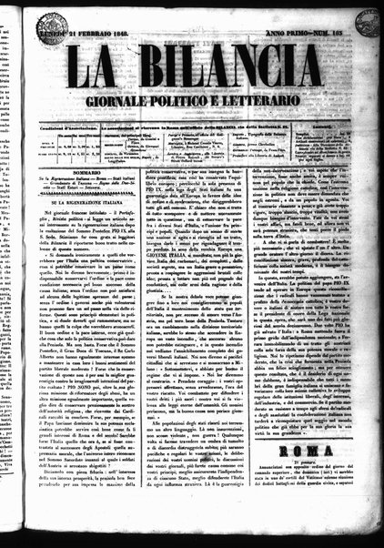 La bilancia : giornale politico, letterario, scientifico, artistico