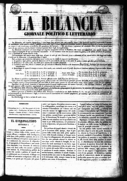 La bilancia : giornale politico, letterario, scientifico, artistico