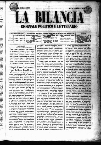 La bilancia : giornale politico, letterario, scientifico, artistico