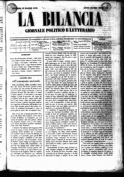 La bilancia : giornale politico, letterario, scientifico, artistico