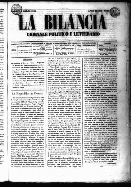 La bilancia : giornale politico, letterario, scientifico, artistico