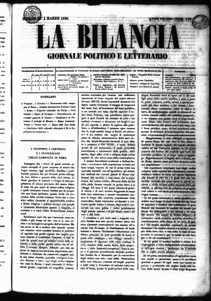 La bilancia : giornale politico, letterario, scientifico, artistico