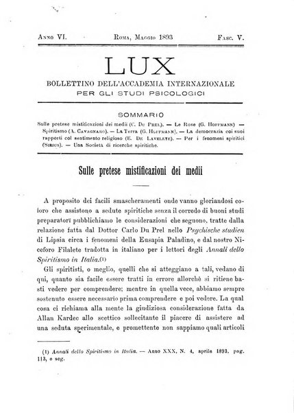 Lux bollettino dell'Accademia internazionale per gli studi spiritici e magnetici