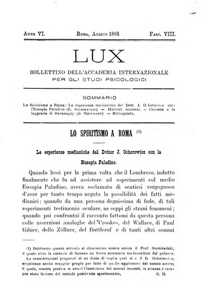 Lux bollettino dell'Accademia internazionale per gli studi spiritici e magnetici