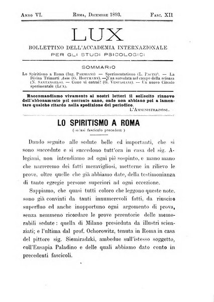 Lux bollettino dell'Accademia internazionale per gli studi spiritici e magnetici