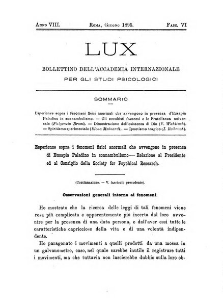 Lux bollettino dell'Accademia internazionale per gli studi spiritici e magnetici