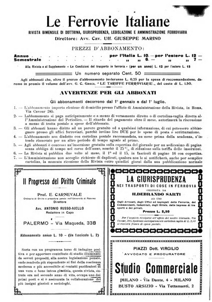 Le ferrovie italiane rivista quindicinale di dottrina, giurisprudenza, legislazione ed amministrazione ferroviaria