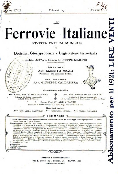 Le ferrovie italiane rivista quindicinale di dottrina, giurisprudenza, legislazione ed amministrazione ferroviaria