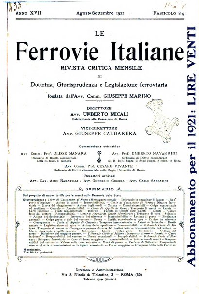 Le ferrovie italiane rivista quindicinale di dottrina, giurisprudenza, legislazione ed amministrazione ferroviaria