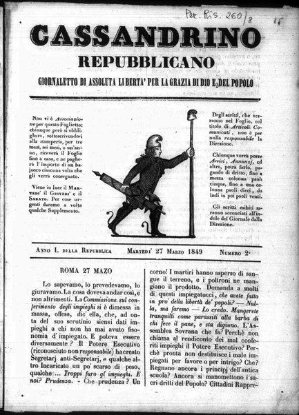 Cassandrino repubblicano : giornaletto di assoluta libertà per la grazia di Dio e del popolo