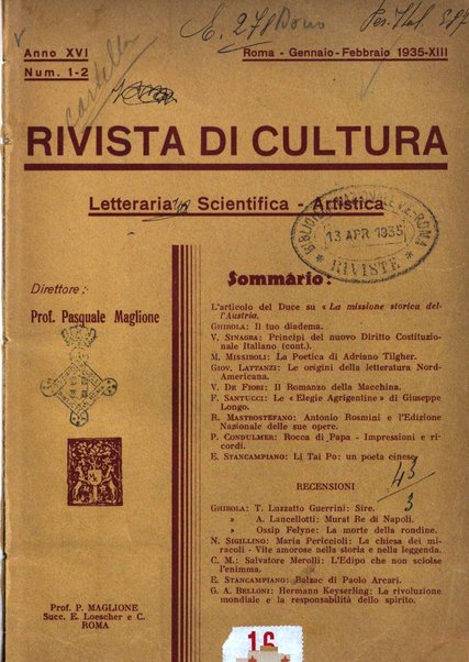 Rivista di cultura organo della Società di cultura nazionale