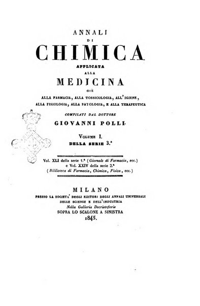 Annali di chimica applicata alla medicina cioè alla farmacia, alla tossicologia, all'igiene, alla fisiologia, alla patologia e alla terapeutica. Serie 3