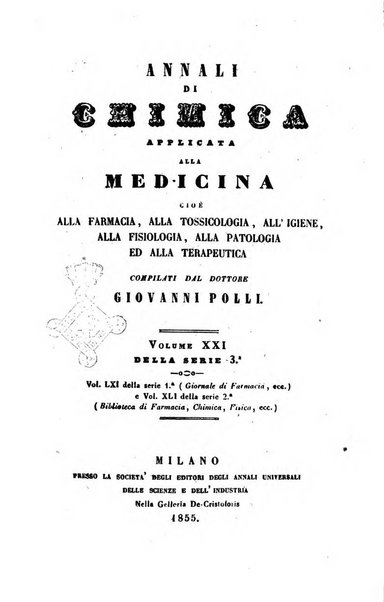 Annali di chimica applicata alla medicina cioè alla farmacia, alla tossicologia, all'igiene, alla fisiologia, alla patologia e alla terapeutica. Serie 3