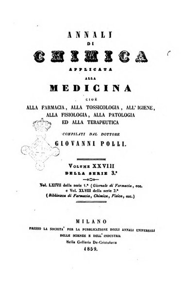 Annali di chimica applicata alla medicina cioè alla farmacia, alla tossicologia, all'igiene, alla fisiologia, alla patologia e alla terapeutica. Serie 3