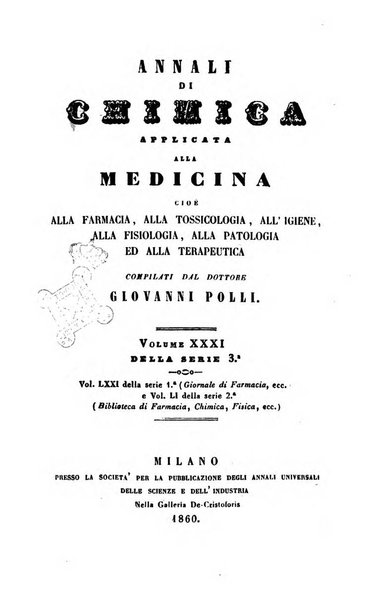 Annali di chimica applicata alla medicina cioè alla farmacia, alla tossicologia, all'igiene, alla fisiologia, alla patologia e alla terapeutica. Serie 3