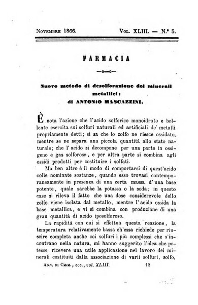 Annali di chimica applicata alla medicina cioè alla farmacia, alla tossicologia, all'igiene, alla fisiologia, alla patologia e alla terapeutica. Serie 3