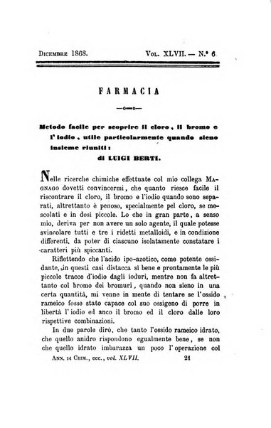 Annali di chimica applicata alla medicina cioè alla farmacia, alla tossicologia, all'igiene, alla fisiologia, alla patologia e alla terapeutica. Serie 3