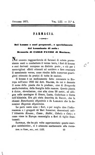 Annali di chimica applicata alla medicina cioè alla farmacia, alla tossicologia, all'igiene, alla fisiologia, alla patologia e alla terapeutica. Serie 3