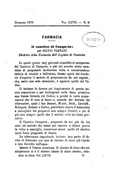 Annali di chimica applicata alla medicina cioè alla farmacia, alla tossicologia, all'igiene, alla fisiologia, alla patologia e alla terapeutica. Serie 3