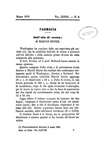 Annali di chimica applicata alla medicina cioè alla farmacia, alla tossicologia, all'igiene, alla fisiologia, alla patologia e alla terapeutica. Serie 3