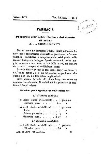 Annali di chimica applicata alla medicina cioè alla farmacia, alla tossicologia, all'igiene, alla fisiologia, alla patologia e alla terapeutica. Serie 3