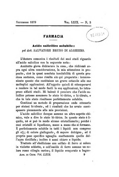 Annali di chimica applicata alla medicina cioè alla farmacia, alla tossicologia, all'igiene, alla fisiologia, alla patologia e alla terapeutica. Serie 3