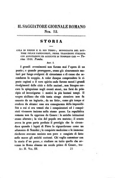 Il saggiatore giornale romano di storia, letteratura, belle arti, filologia e varietà