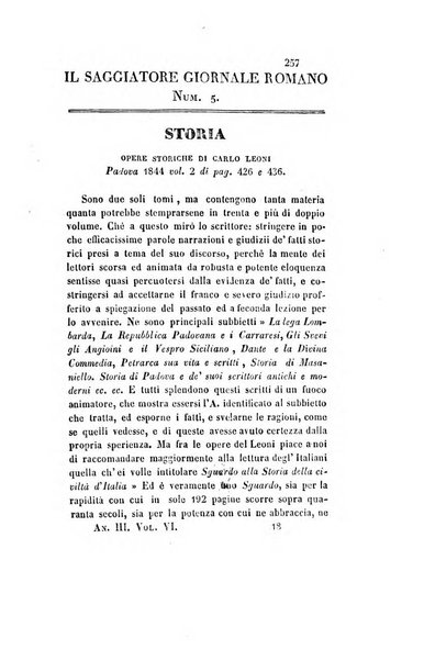 Il saggiatore giornale romano di storia, letteratura, belle arti, filologia e varietà