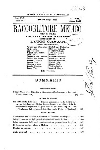 Il raccoglitore medico giornale indirizzato al progresso della medicina e chirurgia pratica e degli interessi morali e professionali specialmente dei medici-chirurghi condotti