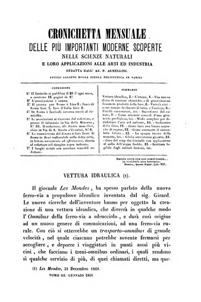 Cronichetta mensuale delle piu importanti moderne scoperte nelle scienze naturali e loro applicazioni alle arti ed industria