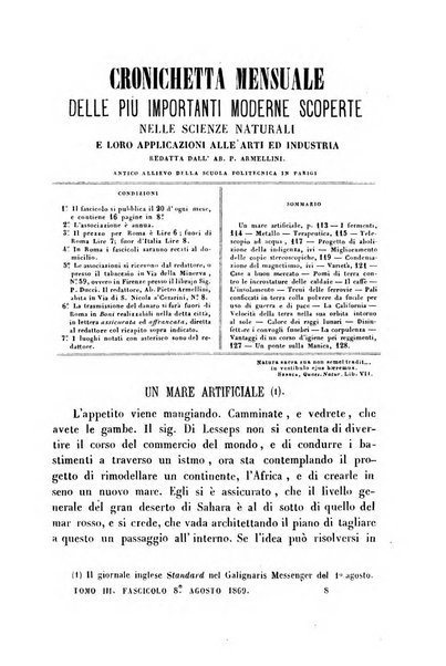 Cronichetta mensuale delle piu importanti moderne scoperte nelle scienze naturali e loro applicazioni alle arti ed industria