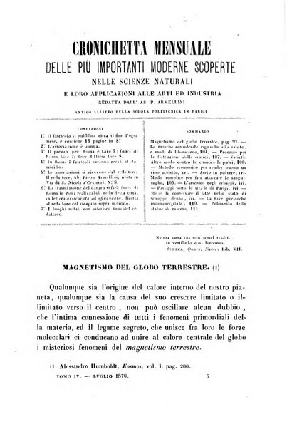 Cronichetta mensuale delle piu importanti moderne scoperte nelle scienze naturali e loro applicazioni alle arti ed industria