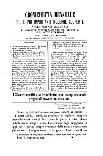 Cronichetta mensuale delle piu importanti moderne scoperte nelle scienze naturali e loro applicazioni alle arti ed industria