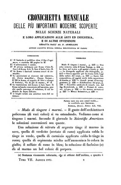 Cronichetta mensuale delle piu importanti moderne scoperte nelle scienze naturali e loro applicazioni alle arti ed industria