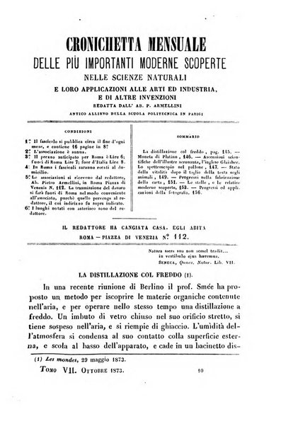 Cronichetta mensuale delle piu importanti moderne scoperte nelle scienze naturali e loro applicazioni alle arti ed industria