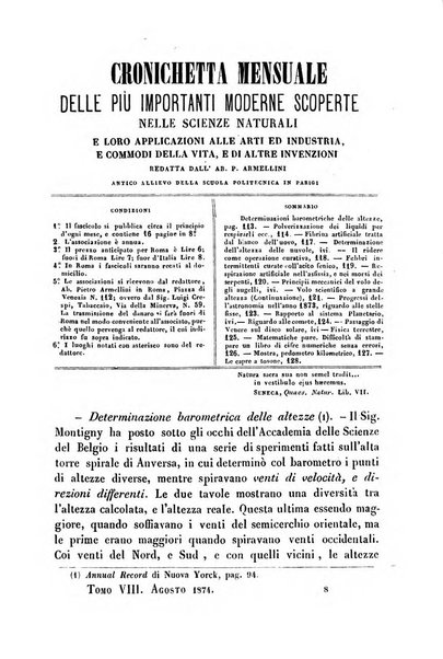 Cronichetta mensuale delle piu importanti moderne scoperte nelle scienze naturali e loro applicazioni alle arti ed industria