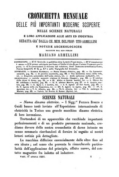 Cronichetta mensuale delle piu importanti moderne scoperte nelle scienze naturali e loro applicazioni alle arti ed industria