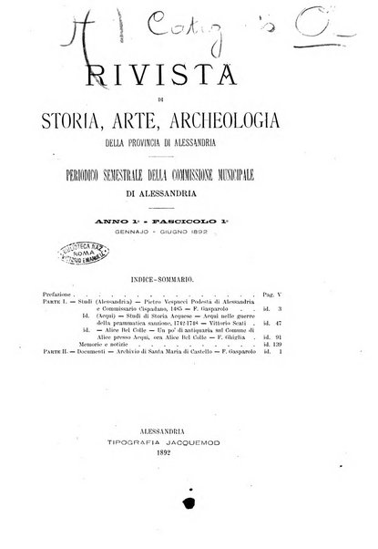 Rivista di storia, arte, archeologia della provincia di Alessandria periodico semestrale della commissione municipale di Alessandria