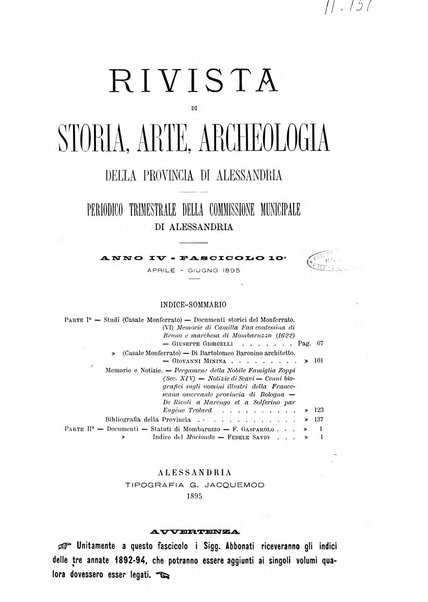 Rivista di storia, arte, archeologia della provincia di Alessandria periodico semestrale della commissione municipale di Alessandria